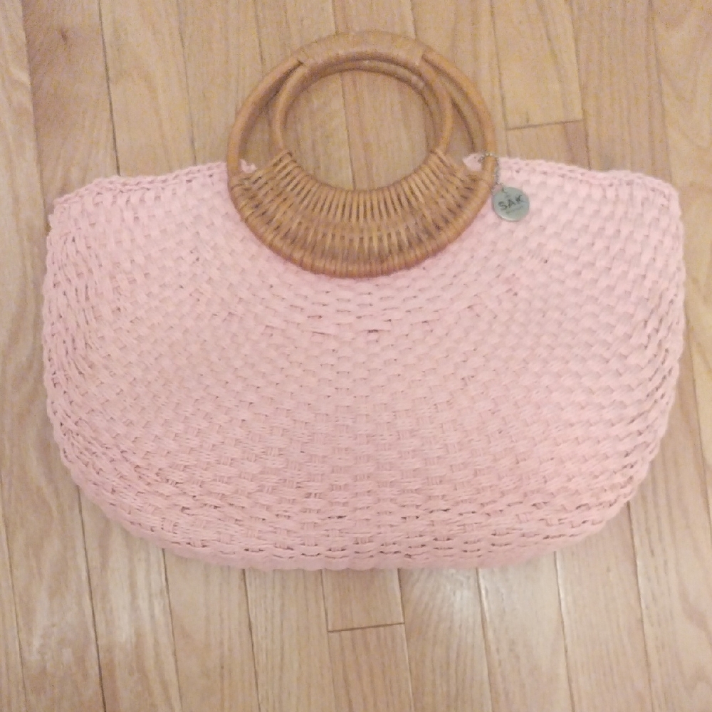The Sak Pink and Brown Woven Tote with Bamboo Handles